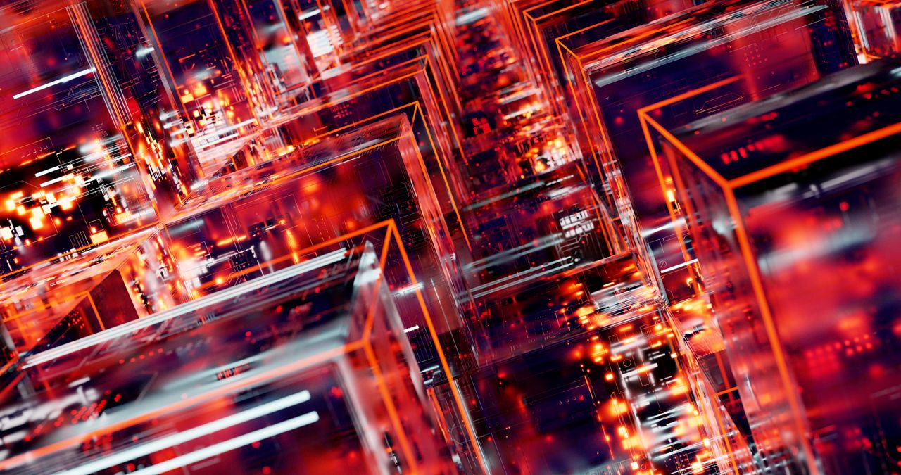 Services Vibrant abstract digital art featuring geometric blocks with LED light effects in a network pattern.
